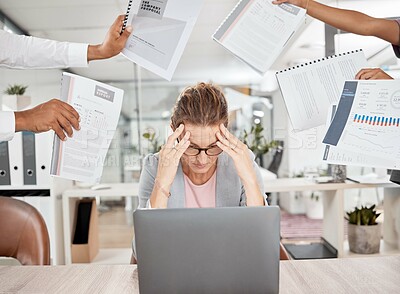 Buy stock photo Stress, burnout and woman with a headache from paperwork deadline and overwhelmed from multitasking workload. Fatigue and frustrated employee with anxiety from office admin and time management chaos