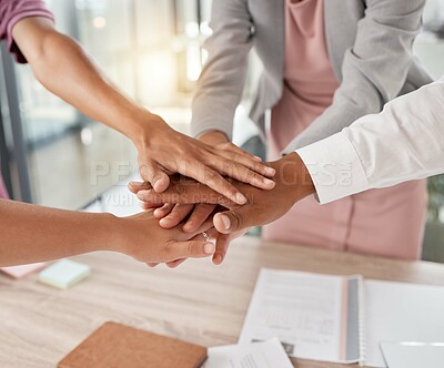 Buy stock photo Hands, team and business people support and solidarity, diversity in the workplace with collaboration and team building. Teamwork, business meeting and agreement with staff on project and deal.