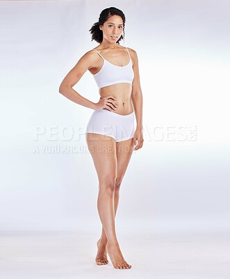 Buy stock photo Underwear, black woman and body wellness portrait for beauty, body care or lose weight marketing. Natural, fitness and health figure of african girl model with white studio advertising mockup.

