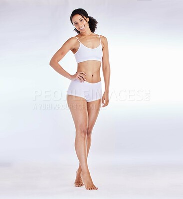 Buy stock photo Woman, body or underwear on white background in studio exercise training promotion or Brazilian diet wellness on mockup. Portrait, smile or happy fitness model in lingerie for self love or acceptance