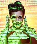 Frame, neon lights and makeup of woman in studio on gradient background. Photo frame, creative cosmetics or futuristic fashion portrait of female model, matrix or gen z, art or cyberpunk aesthetics

