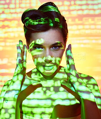 Buy stock photo Frame, neon lights and makeup of woman in studio on gradient background. Photo frame, creative cosmetics or futuristic fashion portrait of female model, matrix or gen z, art or cyberpunk aesthetics

