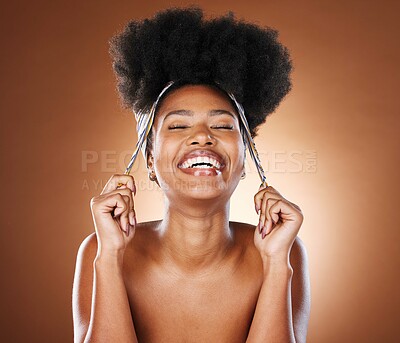 Buy stock photo Beauty, hair and afro with black woman and scarf for fashion, luxury and skincare wellness. Smile, health and curly hair with girl model for self love, confidence and empowerment in studio background