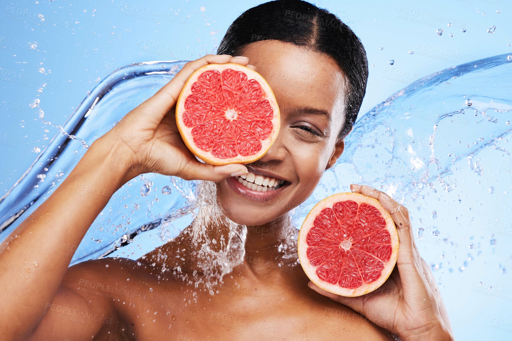 Buy stock photo Fruit, skincare and black woman smile with grapefruit for facial wellness and skin glow. Portrait of a woman model with water splash and vitamin c for beauty, cosmetic nutrition and natural detox