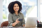Credit card, laptop and black woman portrait in office for online shopping, fintech payment and finance employeer happy to invest savings. African woman, ecommerce web or internet banking on computer
