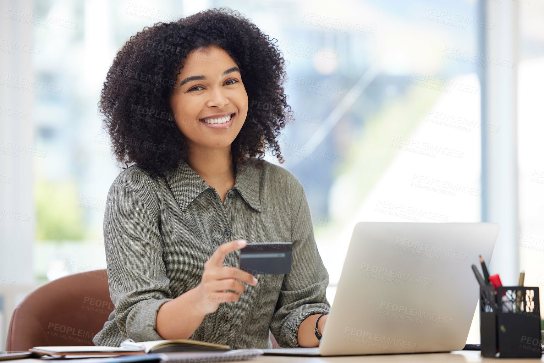 Buy stock photo Credit card, laptop and black woman portrait in office for online shopping, fintech payment and finance employeer happy to invest savings. African woman, ecommerce web or internet banking on computer