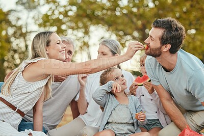 Buy stock photo Family picnic, eating and fun in a park in summer with mother, father and children outdoor. Grandparent, sunshine and fruit with mom, dad and girl kids happy about big family love and care together
