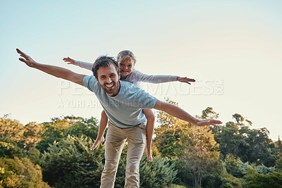 Buy stock photo Family, love and airplane game with girl and father in a forest for playing, fun and bonding in nature, happy and smile. Happy family, man and child enjoy fantasy game, freedom and laughing in park