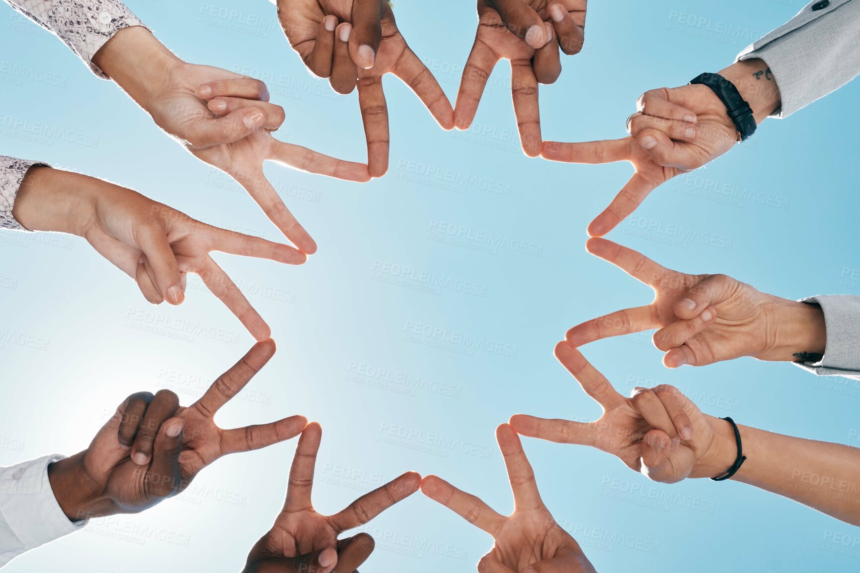 Buy stock photo Team building, blue sky or hands with peace sign for support, teamwork or partnership collaboration. Low angle, trust or fingers showing hope, faith or community group solidarity with mission goals