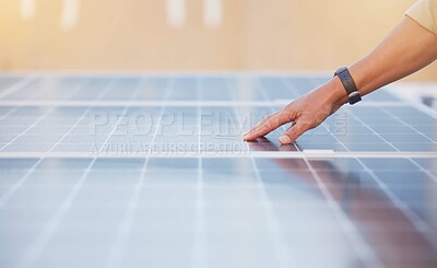 Buy stock photo Solar energy, sustainability or hand on solar panels for quality control or quality assurance in an inspection. Innovation, man or engineer working on building energy saving photovoltaic construction