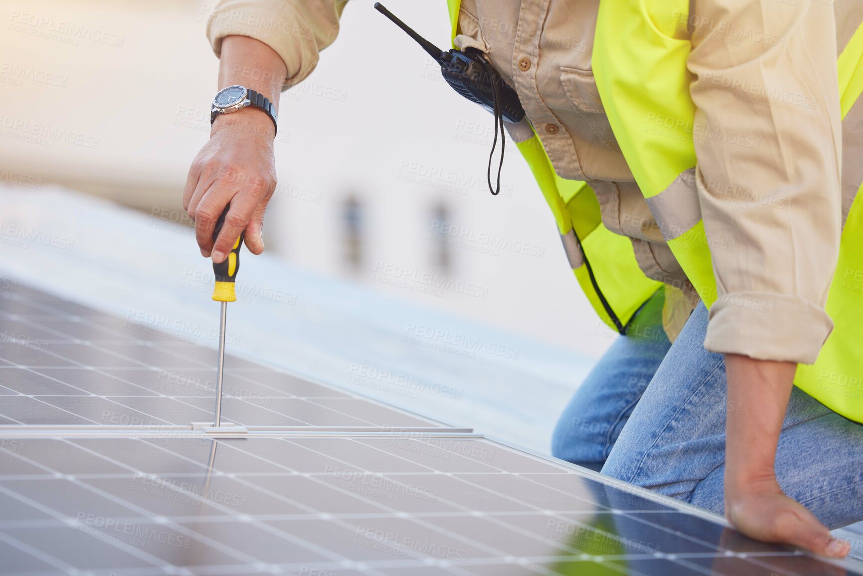 Buy stock photo Engineer, man or solar panels for clean energy, maintenance for building or sustainability. Male technician, electrician or installation for alternative power,  agriculture innovation or eco friendly