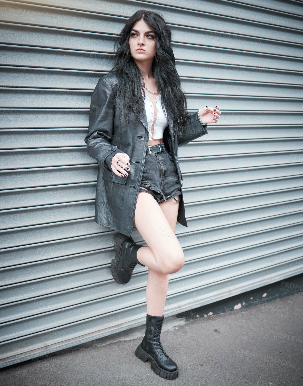 Buy stock photo Young woman, fashion and streetwear with gen z punk style, outdoor and trendy, edgy and stylish in urban city. Youth, focus and beauty with rock aesthetic, fashion model in designer clothes in London