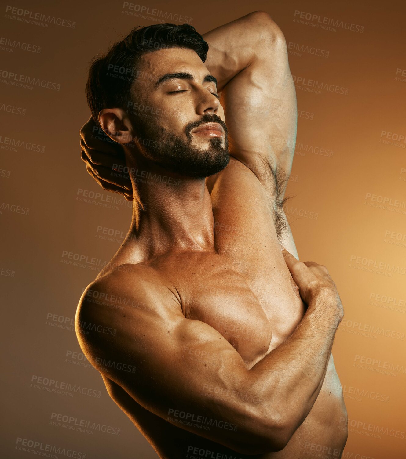 Buy stock photo Beauty, body fitness and man in studio isolated on a brown background. Eyes closed, exercise and topless male model or bodybuilder with muscles feeling satisfied after training for health or wellness