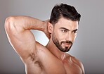 Armpit, man and skincare wellness for beauty, personal hygiene or natural cosmetics on studio background. Body care, strong muscle and male model with confidence, healthy self care or clean aesthetic