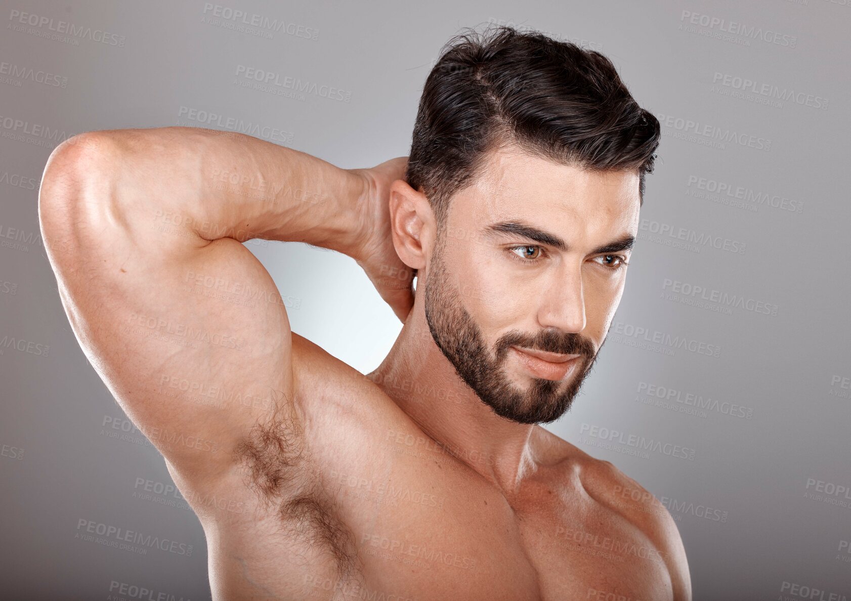 Buy stock photo Armpit, man and skincare wellness for beauty, personal hygiene or natural cosmetics on studio background. Body care, strong muscle and male model with confidence, healthy self care or clean aesthetic