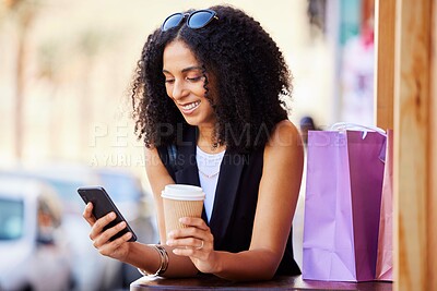 Buy stock photo Shopping bags, relax and phone with black woman with coffee for purchase, online deal and social media. Retail therapy, consumer and sales with girl customer buying in city  for store and products