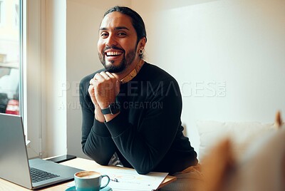Buy stock photo Happy, paperwork and portrait of man with a laptop for entrepreneurship, small business and budget planning. Smile, creative and employee with computer and paper for insurance and investment