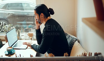 Buy stock photo Thinking, writing and man in coffee shop for remote work inspiration, creative essay and phd research on laptop. Computer, internet cafe and thoughtful person or student for studying ideas on screen
