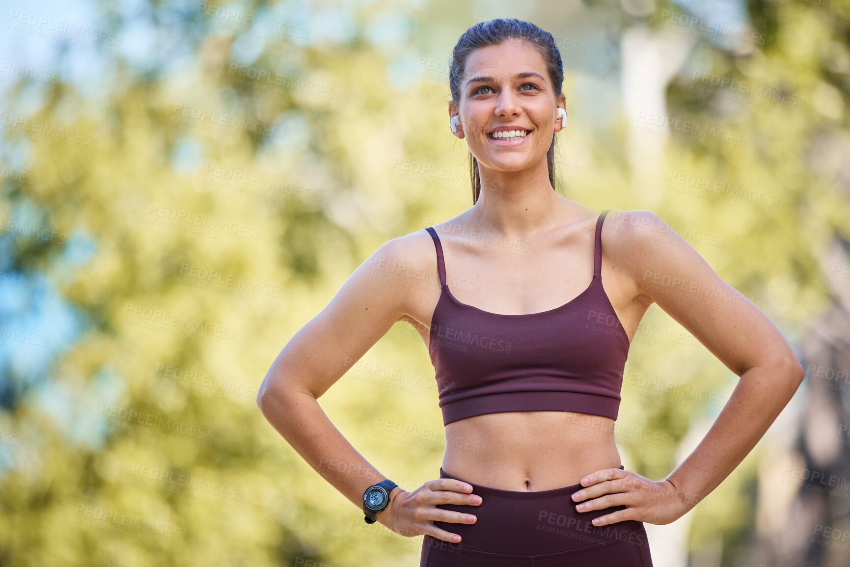 Buy stock photo Fitness, exercise and woman in nature smile to enjoy fresh air after running, marathon training and workout. Sports, relax and happy girl in park for wellness, cardio and healthy lifestyle outdoors