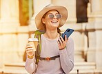 Happy woman, backpack and phone call in travel, sightseeing or city adventure and voice message, recording or coffee. Smile, tourist and talking on mobile communication technology or social media app