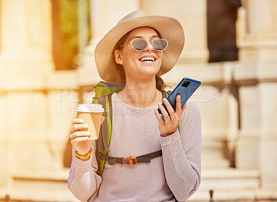 Buy stock photo Happy woman, backpack and phone call in travel, sightseeing or city adventure and voice message, recording or coffee. Smile, tourist and talking on mobile communication technology or social media app