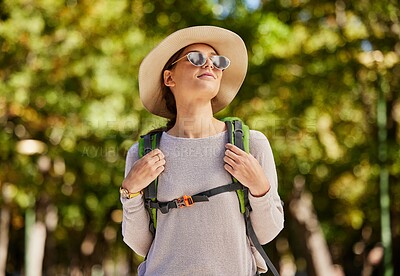 Buy stock photo Hiking, woman thinking and adventure, outdoor and walking for wellness, fitness and break. Happiness, female tourist and lady in nature, travel and getaway for calm, healthy lifestyle and tourism