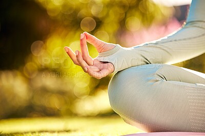 Buy stock photo Yoga meditation, peace and hands of woman meditate for spiritual mental health, chakra energy balance or soul aura healing. Nature yogi, freedom or pilates girl relax for mindfulness, mindset and zen