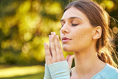 Buy stock photo Yoga meditation, zen and face of woman meditate for spiritual mental health, chakra energy balance or soul aura healing. Nature mockup, freedom or pilates girl relax for mindfulness, mindset or peace