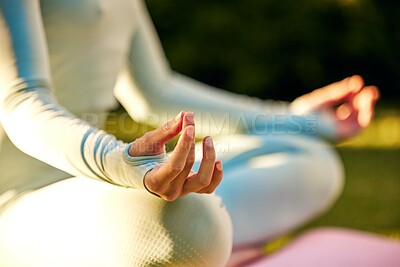 Buy stock photo Yoga meditation, zen and hands of woman meditate for spiritual mental health, chakra energy balance or soul aura healing. Nature yogi, freedom or pilates girl relax for mindfulness, mindset and peace