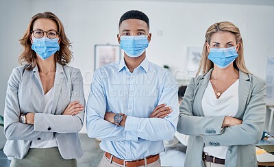 Buy stock photo Office team, group portrait and mask with arms crossed, safety or health to stop covid 19 in workplace. Business people, diversity and serious with teamwork, ppe or wellness in office with solidarity