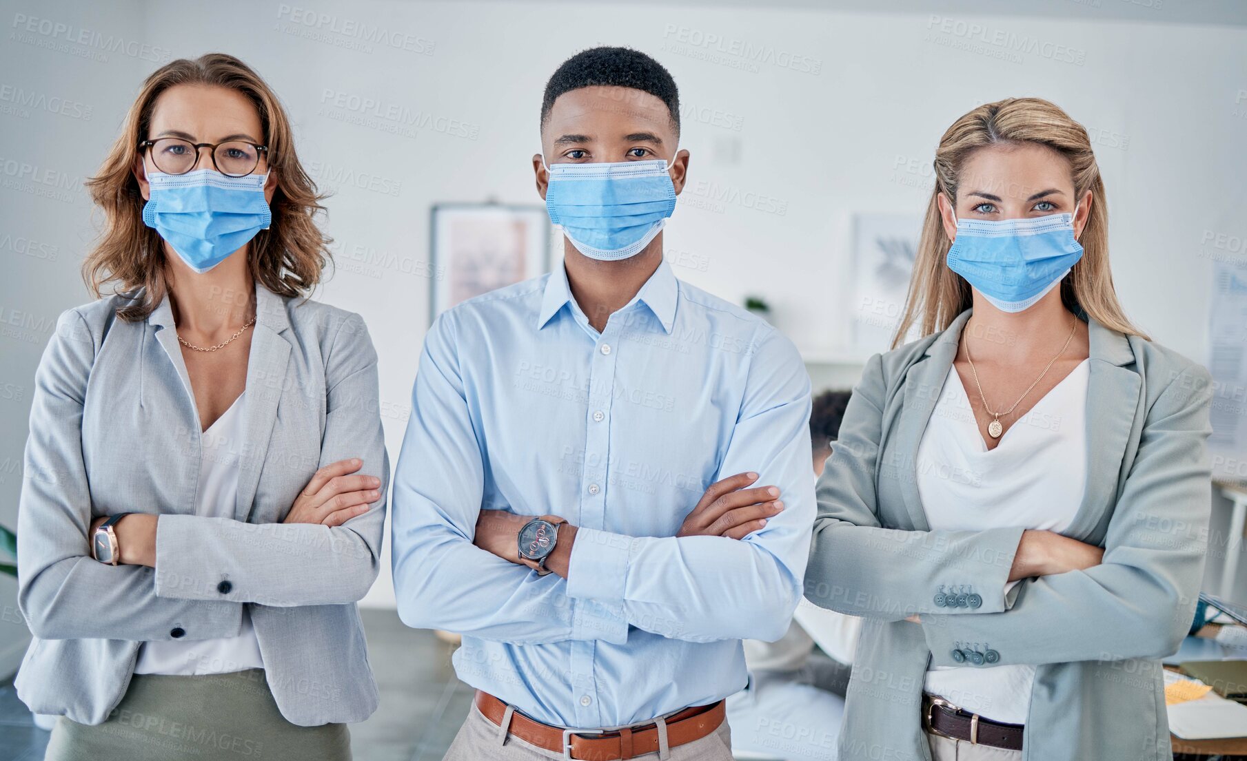 Buy stock photo Office team, group portrait and mask with arms crossed, safety or health to stop covid 19 in workplace. Business people, diversity and serious with teamwork, ppe or wellness in office with solidarity