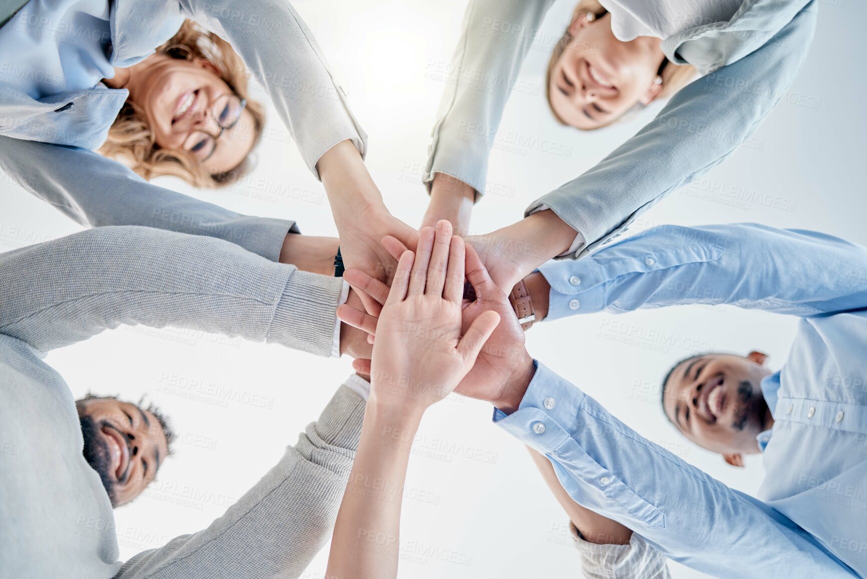 Buy stock photo Hands together, support and teamwork people for collaboration success, staff mission and business solidarity. Happy group of employees stacked sign for goals, community and diversity in below mockup