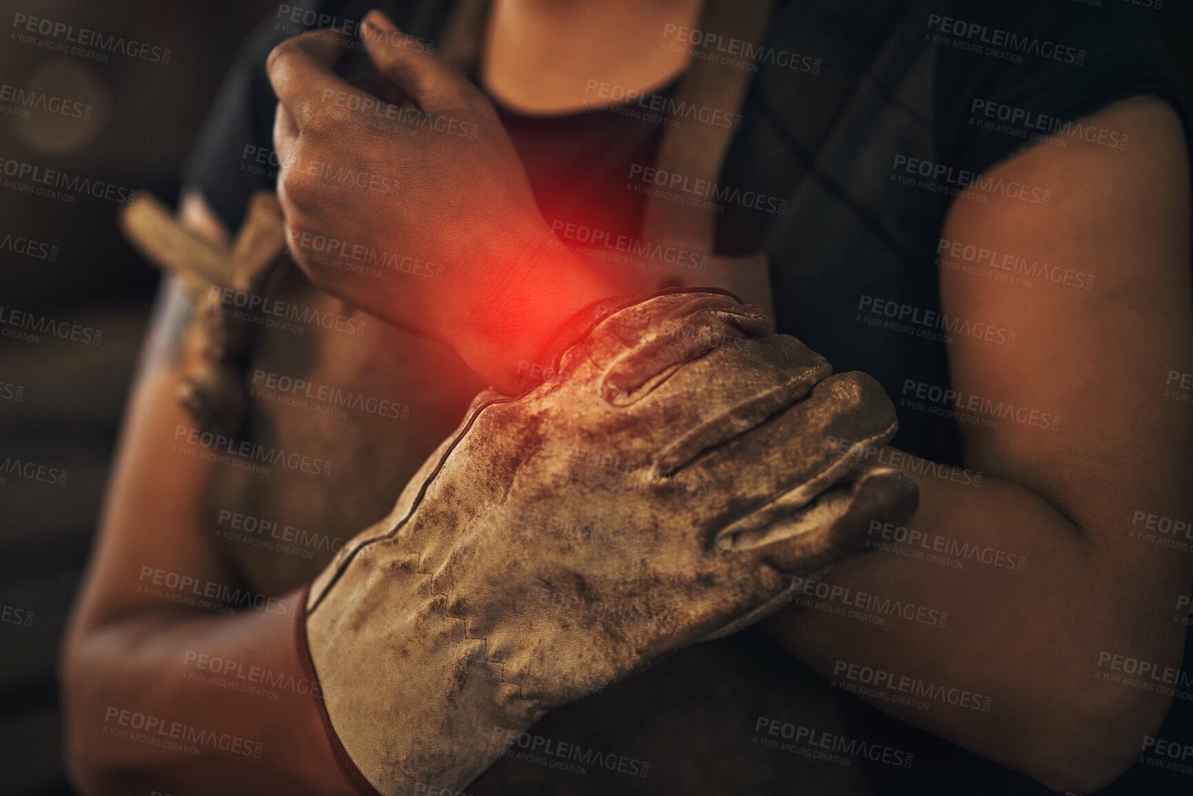 Buy stock photo Inflammation, holding and woman with wrist pain at work, medical accident and healthcare emergency. Risk, injured and person with an arm injury, wound and trauma from a fracture or broken bone