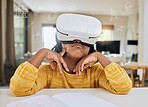 Vr, metaverse and child with headset in virtual class for elearning, gaming or video streaming online. Futuristic education, entertainment and innovation in ux technology for children in home school.