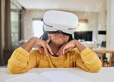 Buy stock photo Vr, metaverse and child with headset in virtual class for elearning, gaming or video streaming online. Futuristic education, entertainment and innovation in ux technology for children in home school.