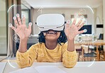 Vr, education and child in headset elearning in virtual class in metaverse, gaming or video streaming. Futuristic learning, cyber classroom and innovation in technology for children with icon overlay