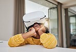 Vr, metaverse and child with smile in elearning class, gaming or virtual video streaming online. Futuristic education, augmented reality and innovation in technology for happy children in home school