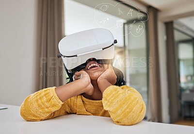 Buy stock photo Vr, metaverse and child with smile in elearning class, gaming or virtual video streaming online. Futuristic education, augmented reality and innovation in technology for happy children in home school