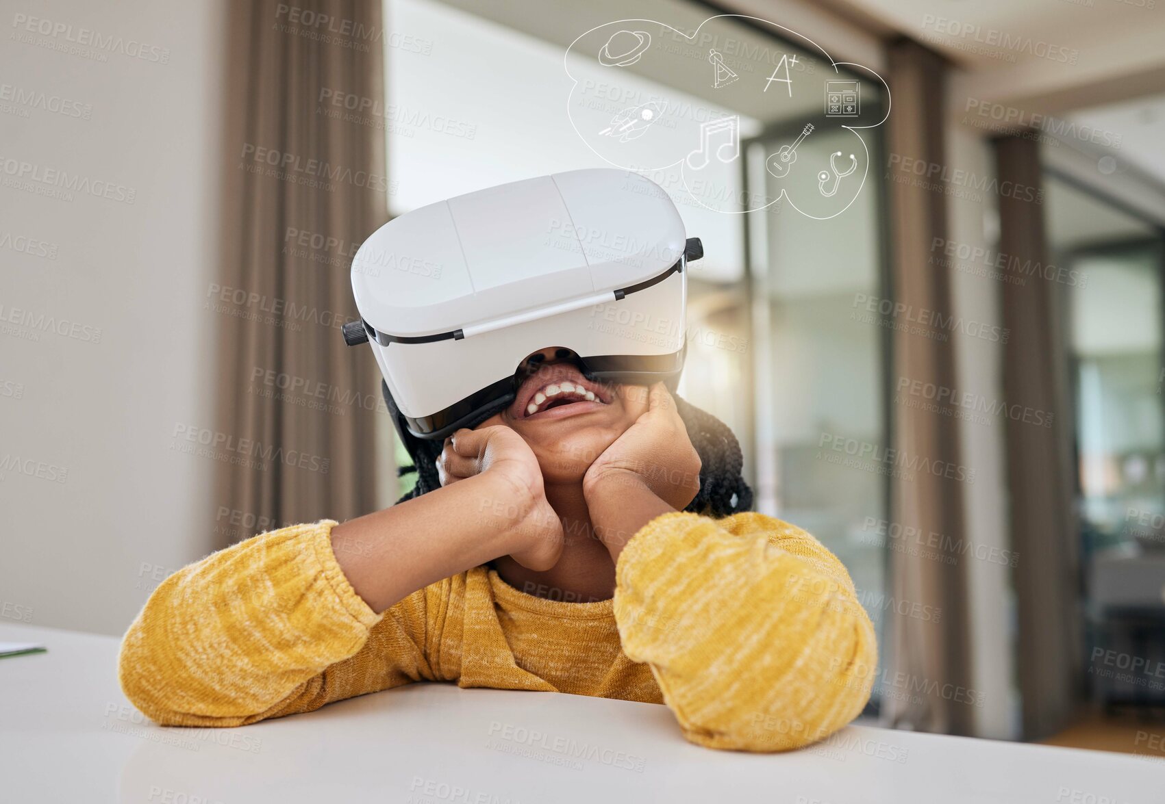 Buy stock photo Vr, metaverse and child with smile in elearning class, gaming or virtual video streaming online. Futuristic education, augmented reality and innovation in technology for happy children in home school