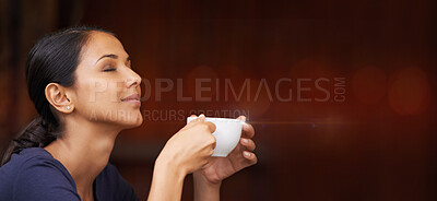 Buy stock photo Coffee, calm and woman smelling the aroma in a studio with mockup space for advertising or marketing. Peace, relax and female model from Mexico enjoying the scent of a cappuccino by maroon background.