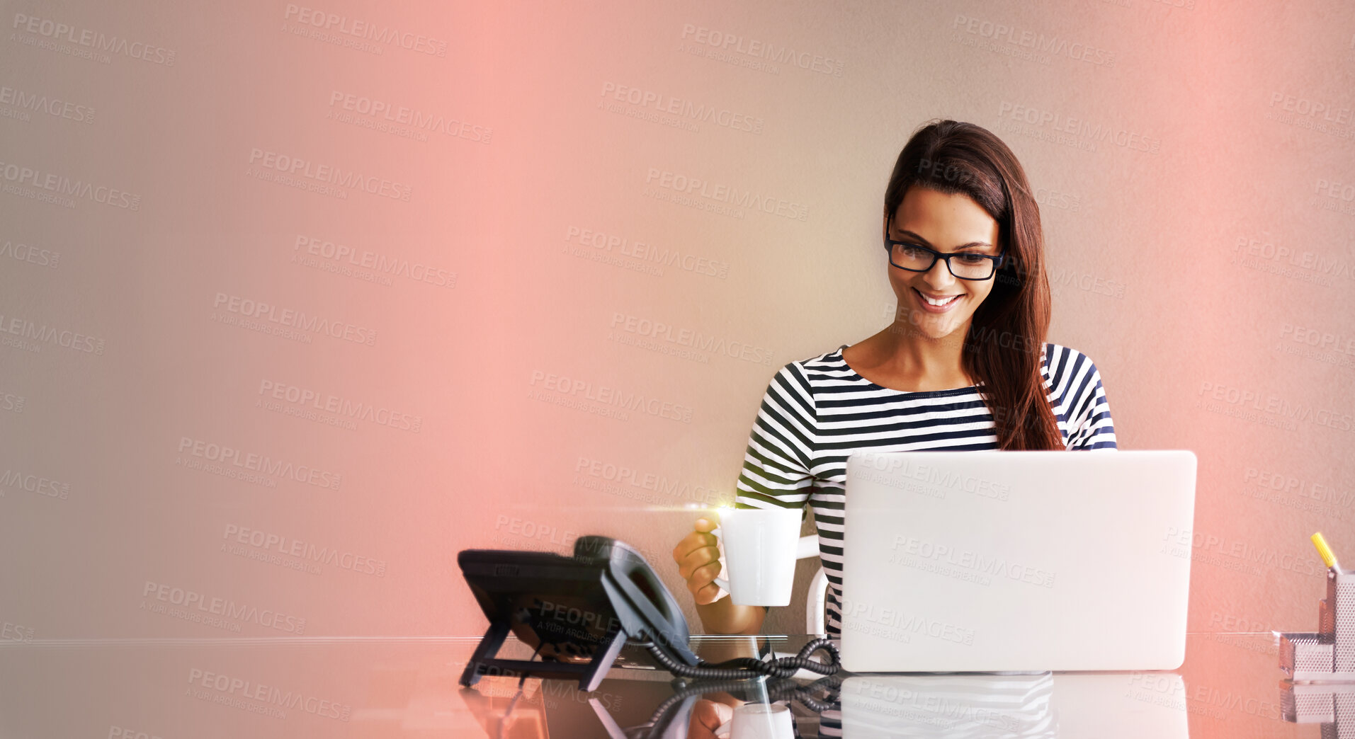 Buy stock photo Laptop, planning and woman isolated on studio background with digital glow, light or gradient mockup in creative career. Coffee, computer tech and business person, worker or employee on mock up space