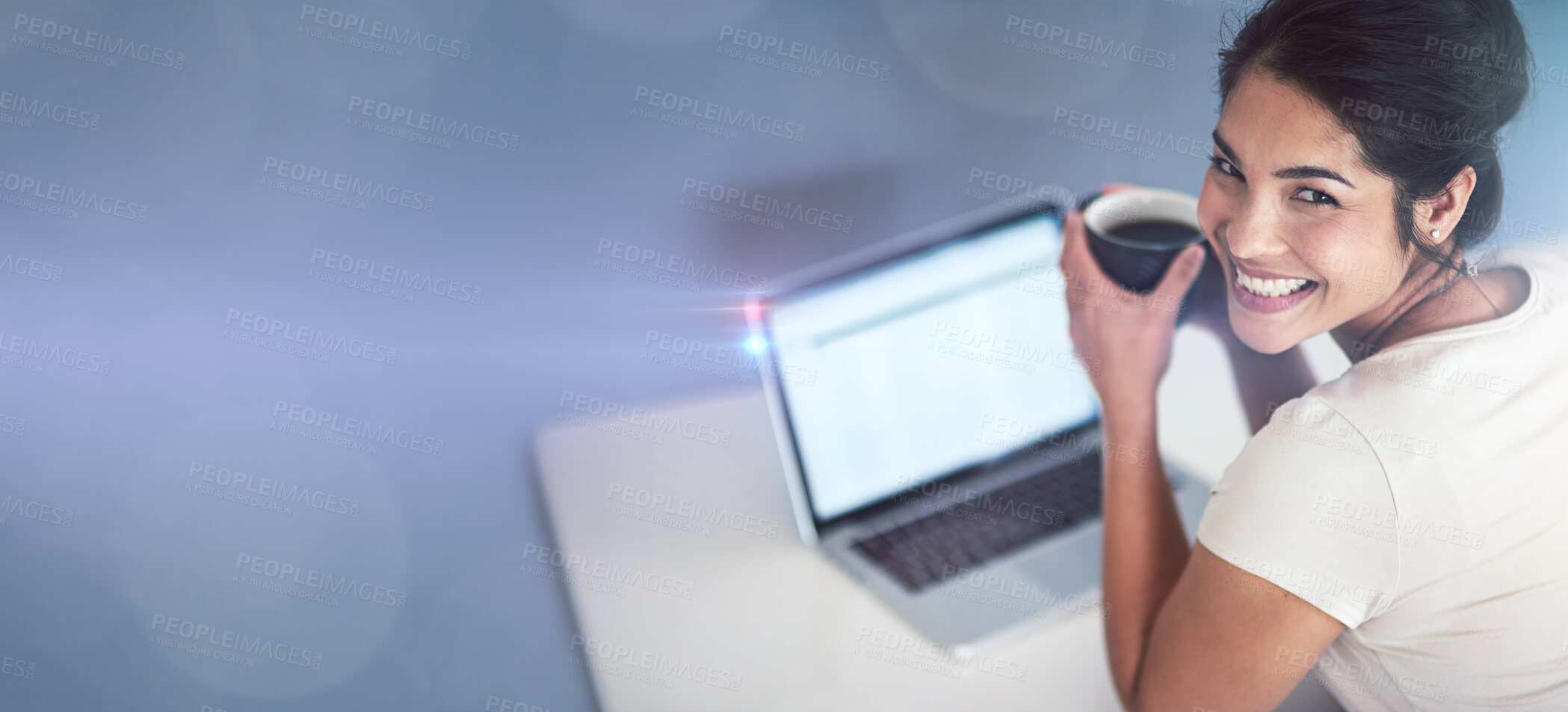 Buy stock photo Coffee, portrait and business woman with laptop in studio isolated on a bokeh background mockup. Tea, computer and face of happy female worker with refreshing beverage, caffeine or espresso on break