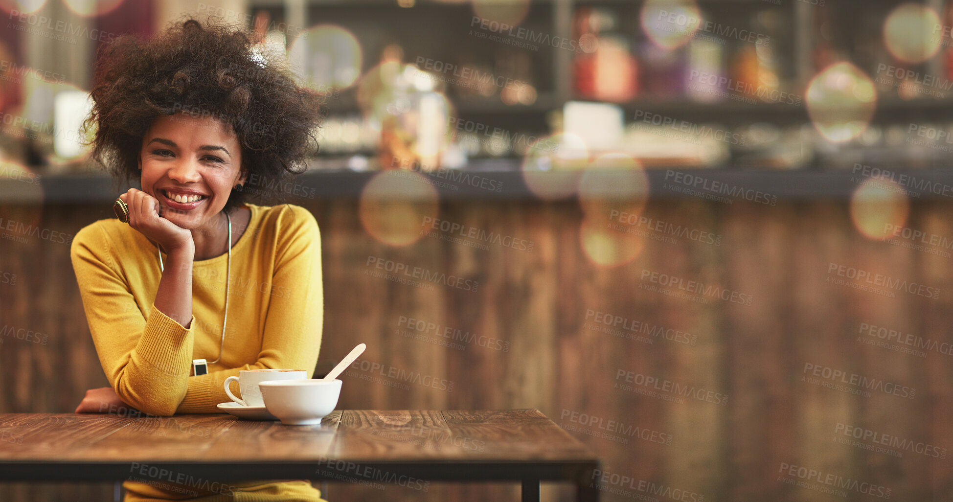 Buy stock photo Portrait, mockup and black woman in coffee shop with tea in the morning happy, relax and smiling in cafe. Young, excited and female enjoying an espresso feeling calm, happiness and confident