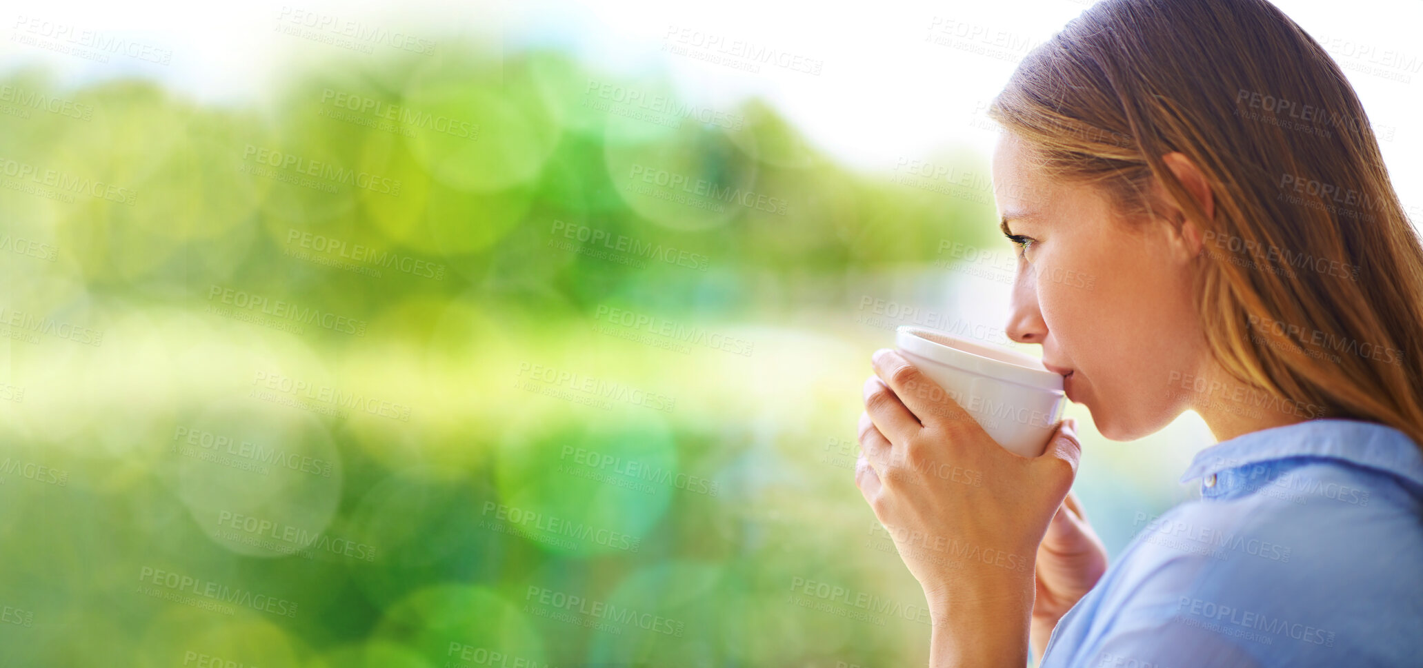 Buy stock photo Window, drinking coffee and woman thinking, relax and daydreaming for happiness, chilling and on break. Glass, female and lady with tea, cheerful and natural light with focus, ideas and thoughtful