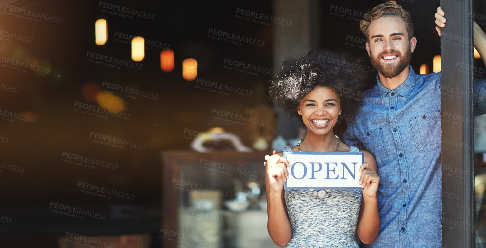 Buy stock photo Coffee shop, open sign and partnership portrait in a cafe, restaurant or small business store. Happy man and woman manager, staff or barista couple at door of startup for hospitality service