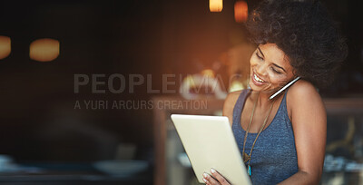 Buy stock photo Black woman, cafe or phone call for connection, communication or discussion for plans. African American female, lady or tablet for social media, coffee shop or search internet for website information