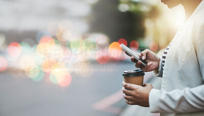 Buy stock photo Woman hands, phone and street for texting with mockup space, coffee and blurred background at dusk. Smartphone, urban outdoor or social media chat with drink, mock up or app to book taxi in city