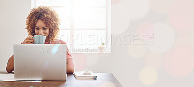 Buy stock photo Business woman, laptop and drinking coffee in relax, thinking or planning day at the office on mockup. Creative female designer with warm drink relaxing by computer on desk contemplating in startup