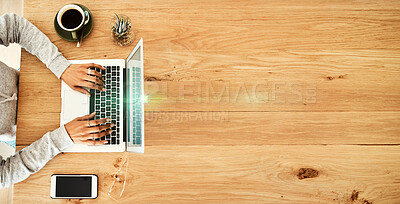 Laptop, coffee shop and top view of hands typing email, report or proposal on table mockup. Freelancer, remote worker and female in cafe or restaurant with computer for writing or working remotely.