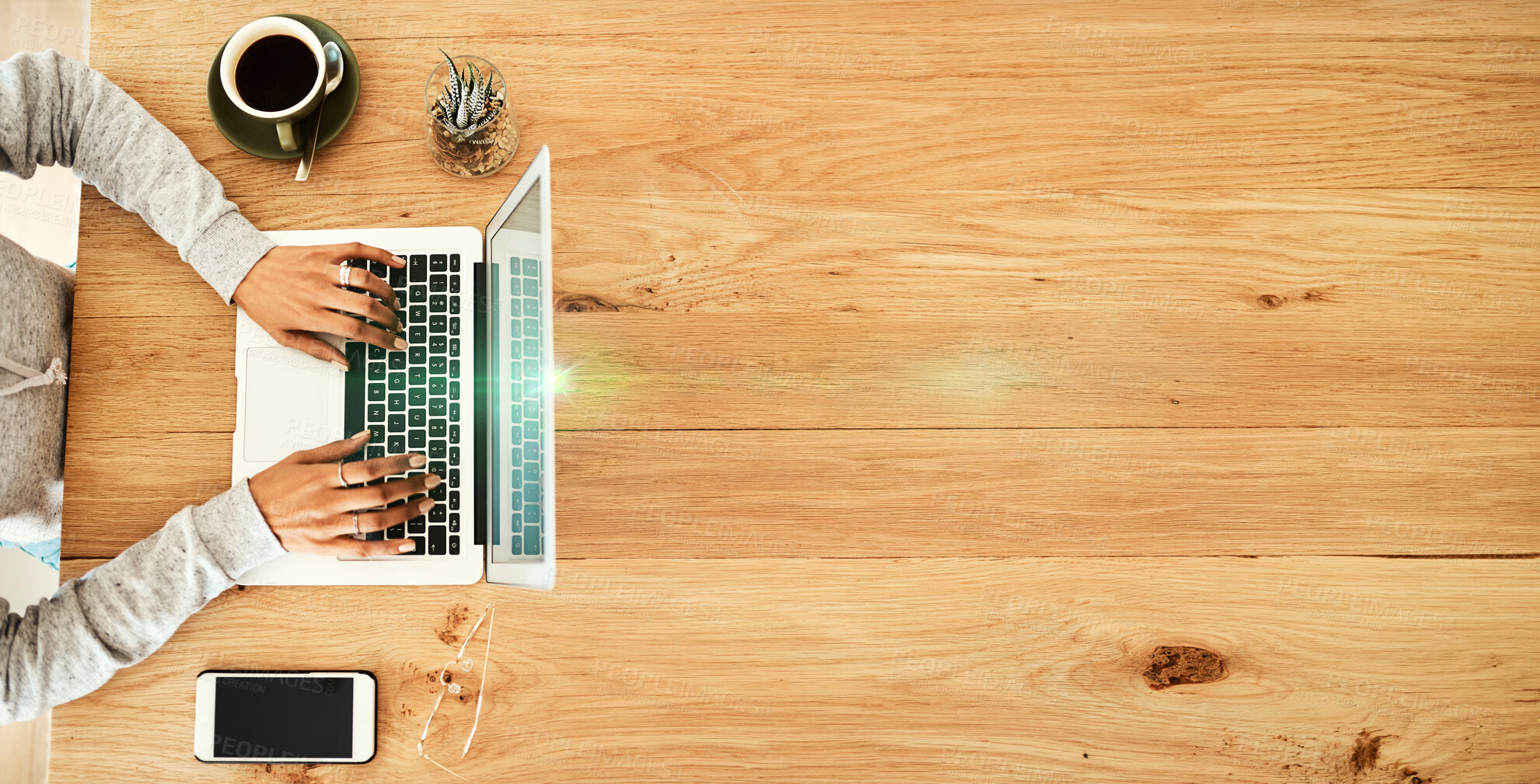Buy stock photo Laptop, coffee shop and top view of hands typing email, report or proposal on table mockup. Freelancer, remote worker and female in cafe or restaurant with computer for writing or working remotely.